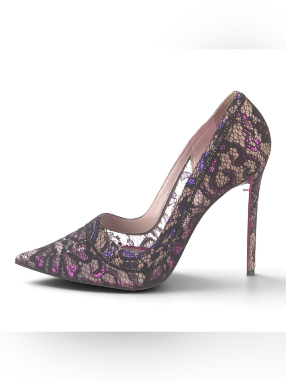 René Caovilla Venezia Lace Pointed Toe Pumps Black Pink Heels 38.5 US 8.5